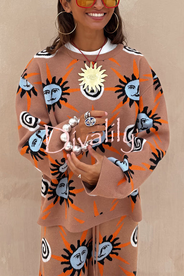 Mediterranean Art Knit Unique Sun Vortex Print Long Sleeve Relaxed Sweater