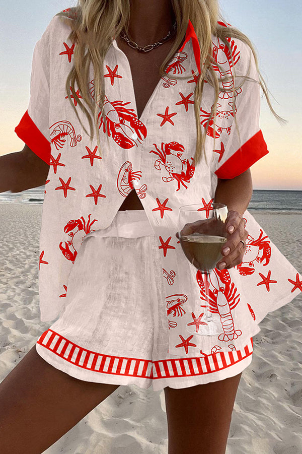 Crab and Lobster Print Loose Button Elastic Waist Shorts Set