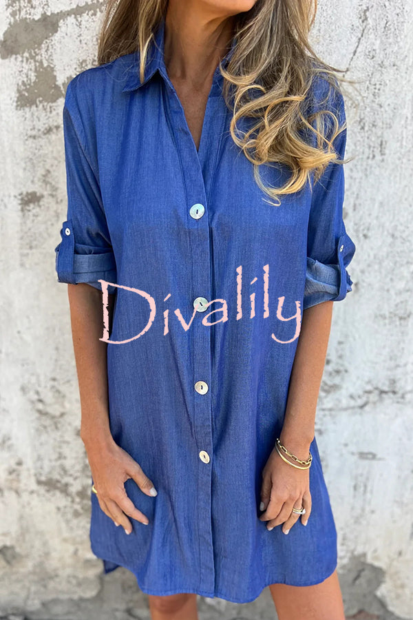 Solid Color Imitation Denim Casual Button Mid-length Shirt