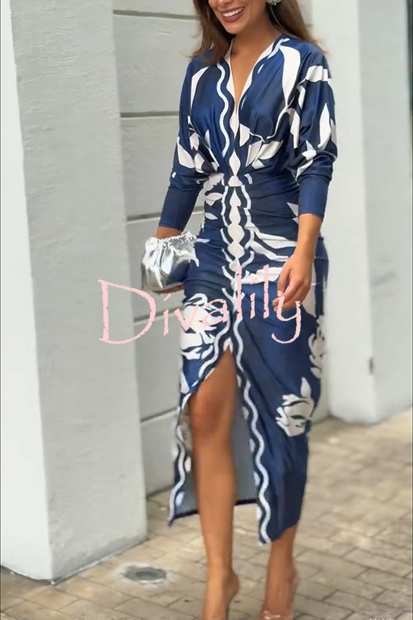 Caliana Unique Print Dolman Long Sleeve Ruched Slit Midi Dress