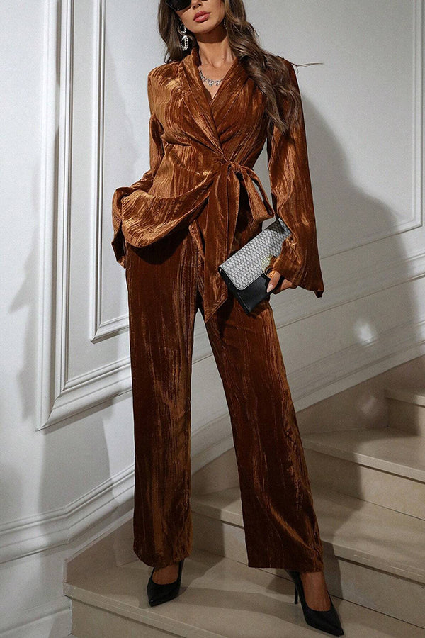 Solid Color Velvet Pleated Long-sleeved Tie Top and Casual Pocket Straight-leg Pants Set