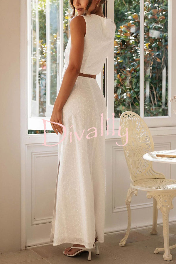 Solid Color Hollow Embroidery V-neck Lace-up Top and Slit Maxi Skirt Set