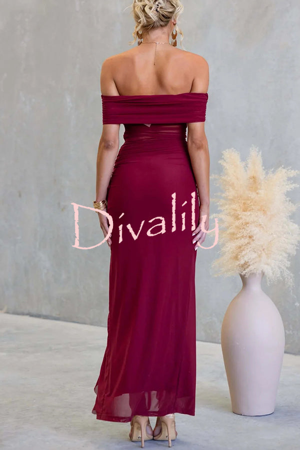 Sexy Mesh Off-shoulder Slim Fit Ruffled Slit Maxi Dress