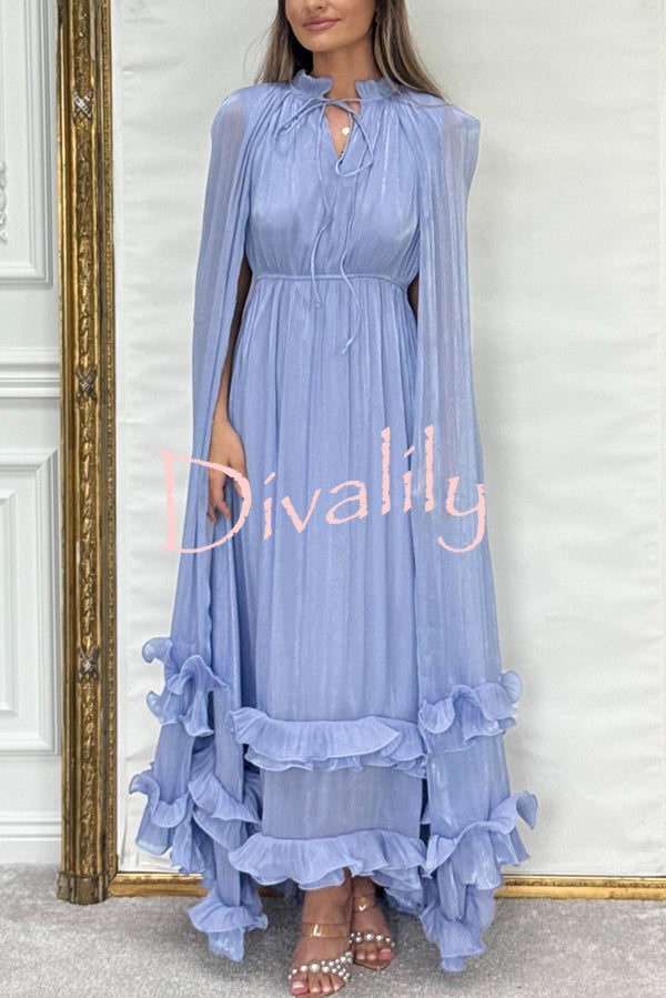 Fashionable V-neck Lace-up Ruffled Double-layer Hem Maxi Dress