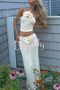 Blooming Sexy Knit Floral Halter Top and Stretch Crochet Maxi Skirt Cover-up Set