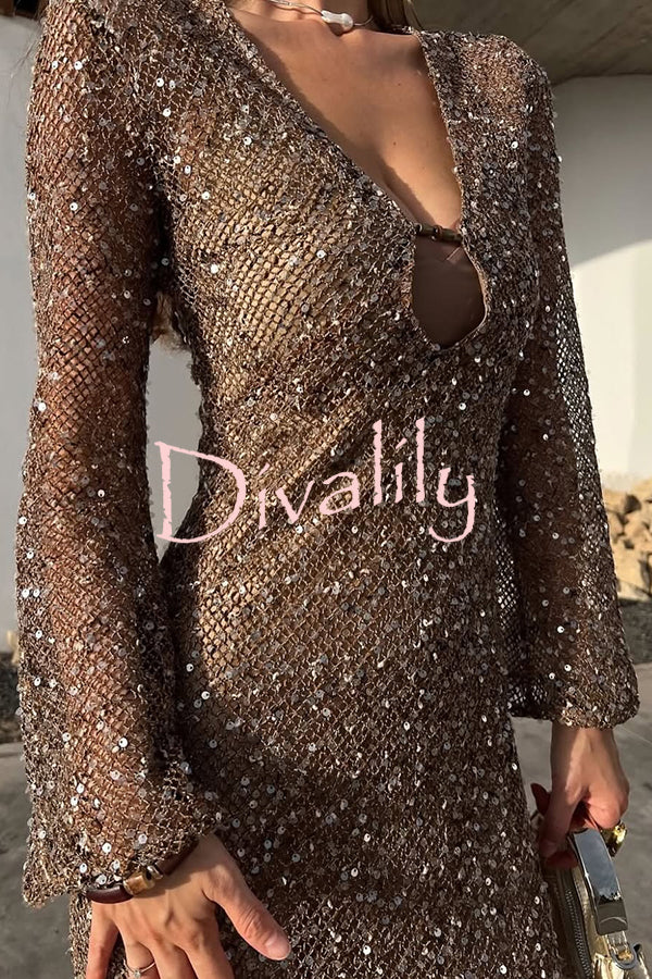 Fashion Sequined Hollow V-neck Long-sleeved Holiday Midi Dress