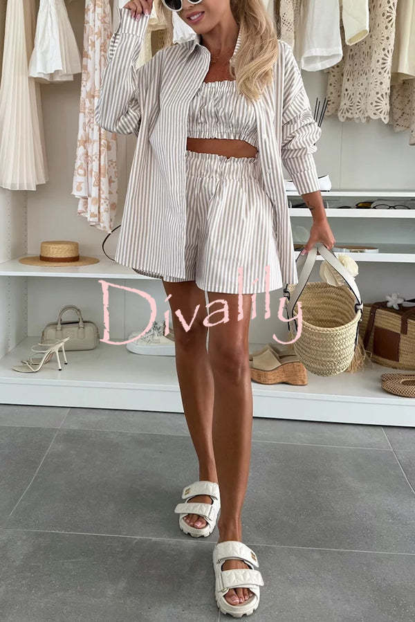 Zoie Striped Stretch Bandeau + Elastic Waist Pocket Shorts + Oversized Blouse 3 Pieces Set