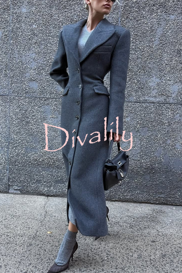 Elegant Lapel Long Sleeve Button High Waist Long Coat