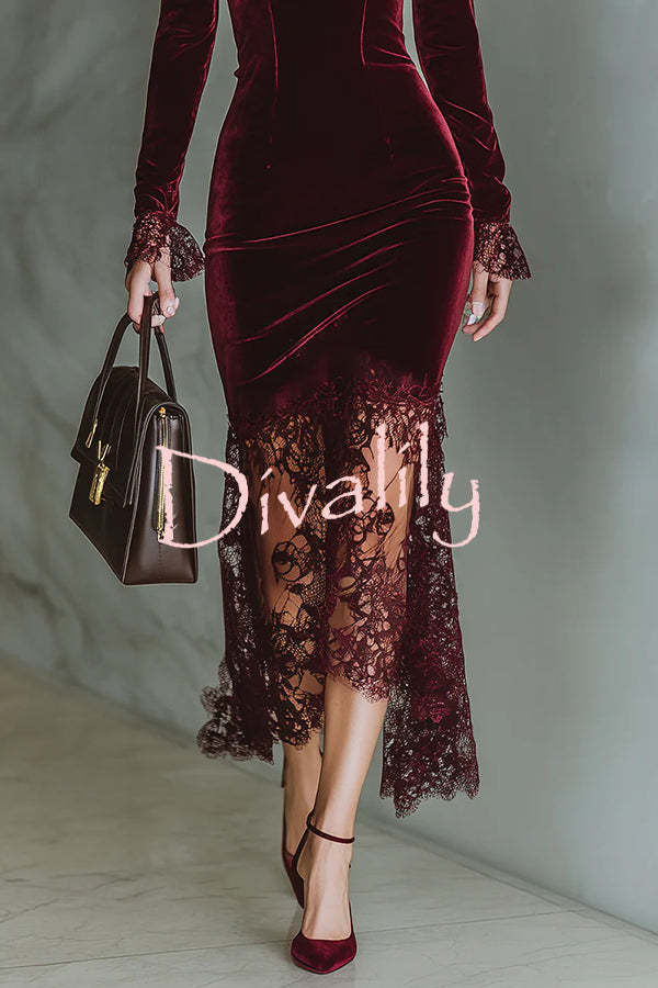 Fashionable Velvet and Lace Patchwork Square Neck Long-sleeved Maxi Dress