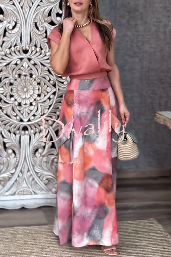 Laylin Wide Sleeve Shirt and Watercolor Print High Waist Drape Pocket Maxi Skirt Set