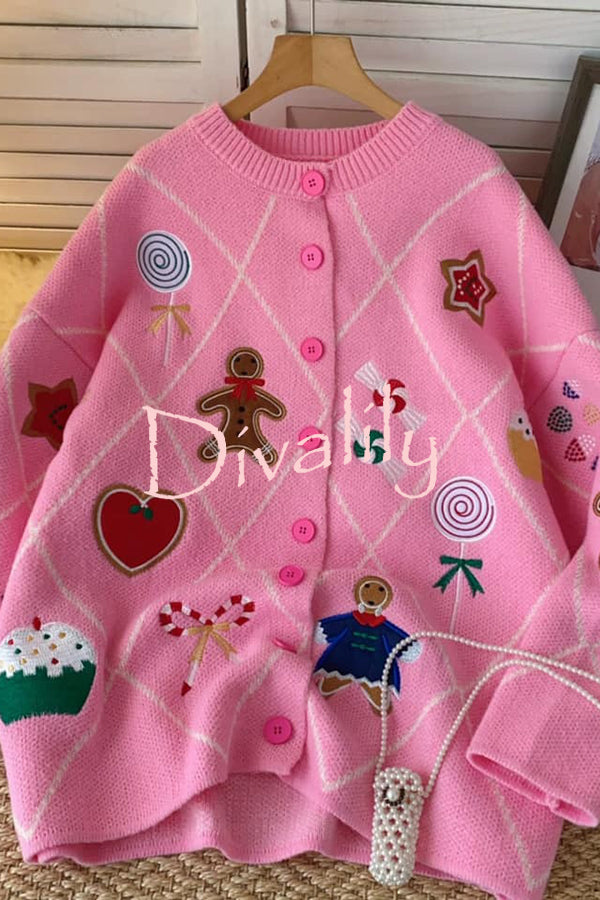 Argyle Candy Gingerbread Man Embroidered Button-knit Cardigan