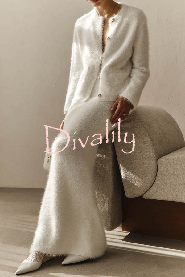 Solid Color Long-sleeved Button-pocket Knitted Jacket and Elegant Long Skirt Set
