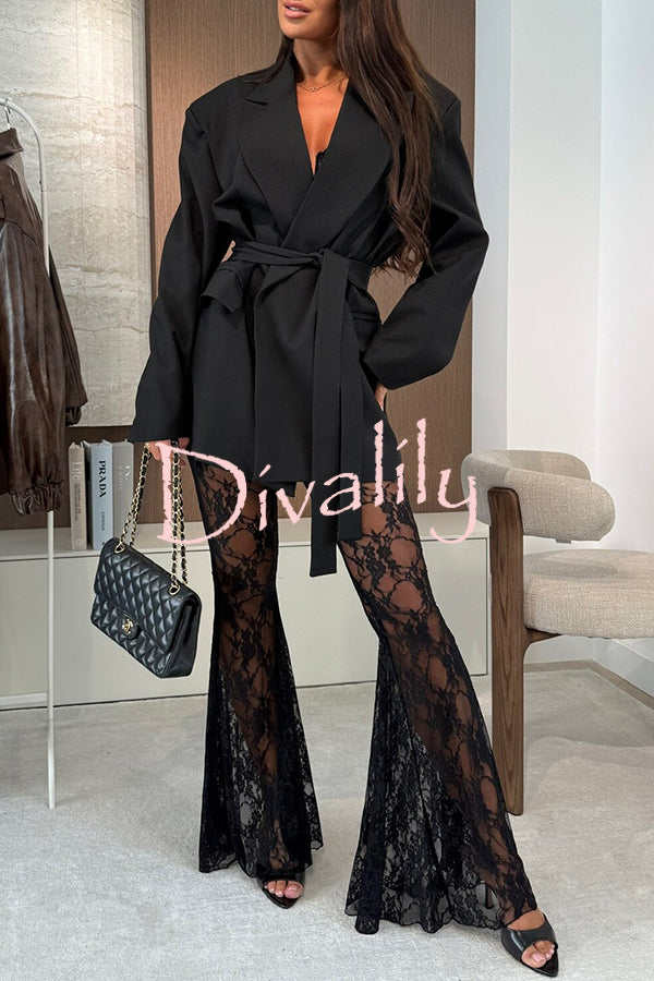 Chic Moment Lapel Long Sleeve Belt Pocketed Oversized Blazer
