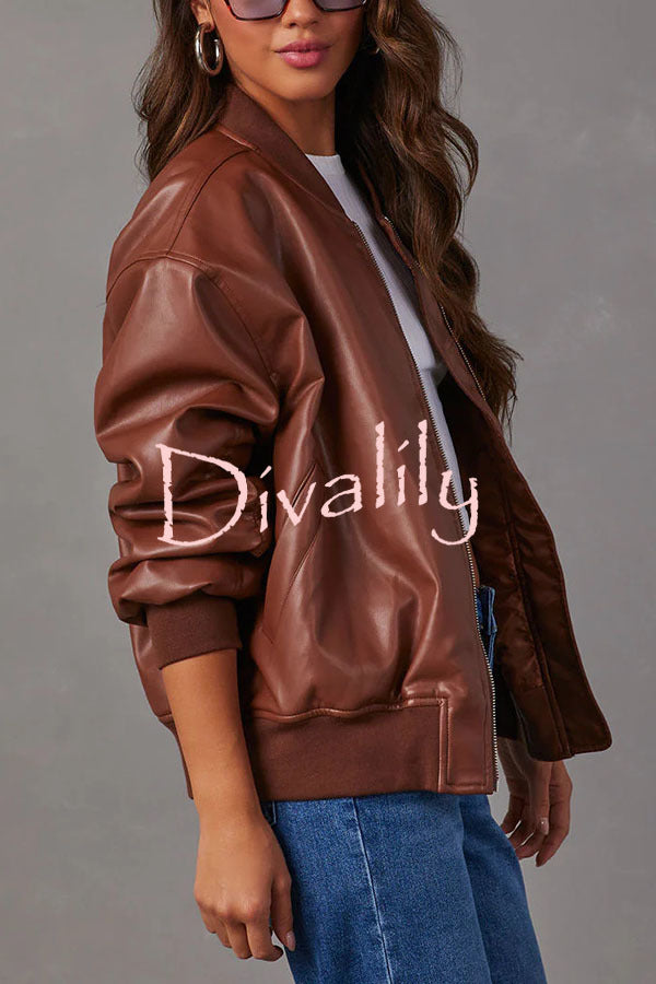 Solid Color Long Sleeve Loose Pocket Leather Jacket