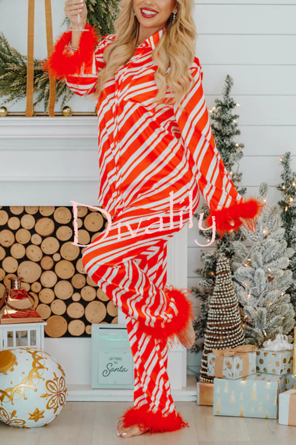 Christmas Party Striped Print Pocket Feather Elastic Waist Pajama Set