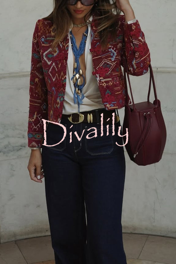 Vintage Bohemian Printed Chinese Style Buttons Long Sleeve Crop Jacket