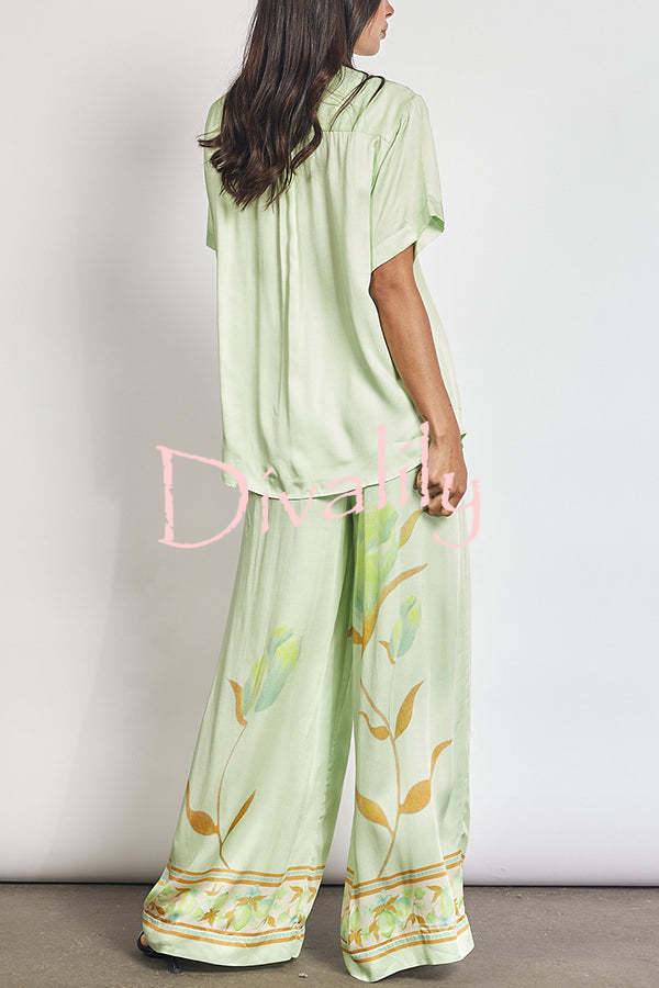 Niah Satin Tulip Print Lapel Short Sleeve Shirt and Elastic Waist Tie Pocket Wide Leg Pants Set
