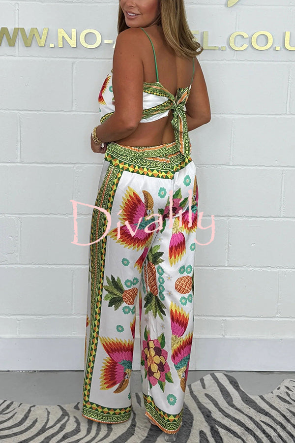 Parrot Satin Unique Print Scarf Tank and Elastic Waist Wide Leg Pants Set