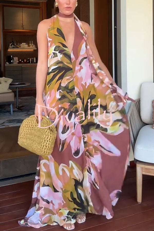 Beachside Bliss Floral Print V-neck Scarf A-line Maxi Dress