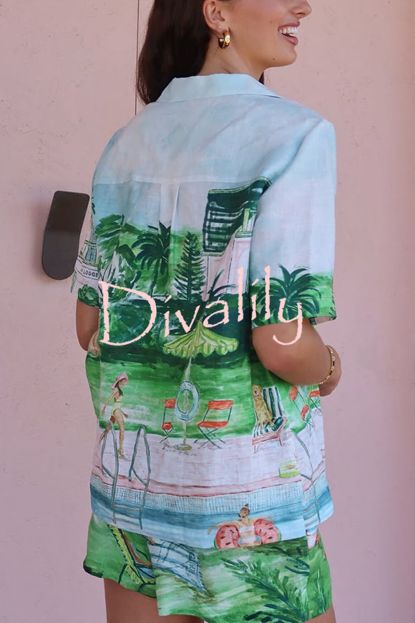 Pool Parties Linen Blend Unique Print Short Sleeve Shirt and Elastic Waist Pocket Shorts Set