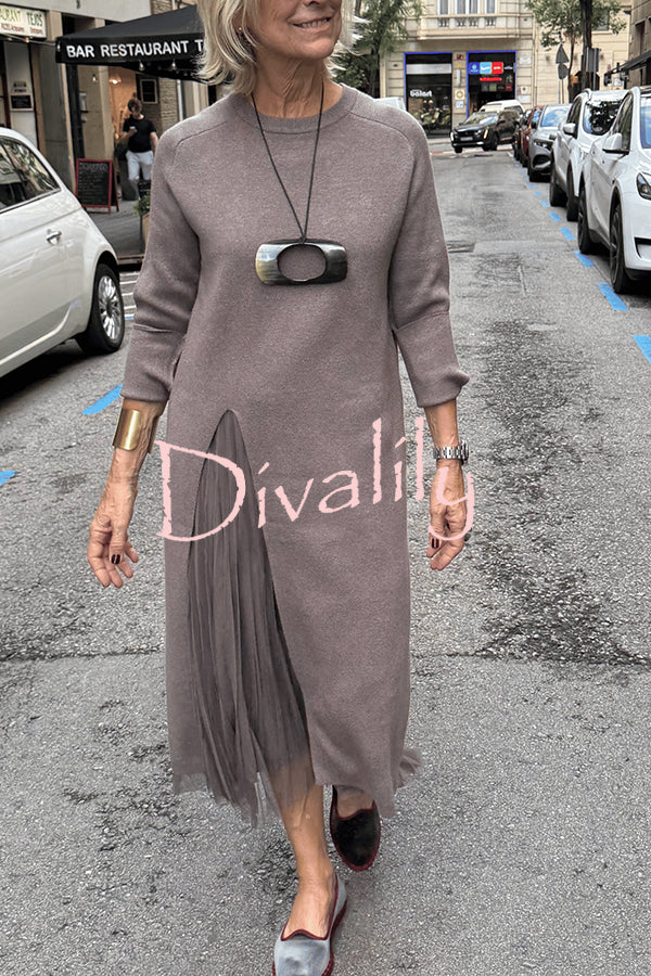 Jollie Knit Long Sleeve Front Slit Midi Sweater and Pleated Tulle Stretch Tank Midi Dress Two-piece Set