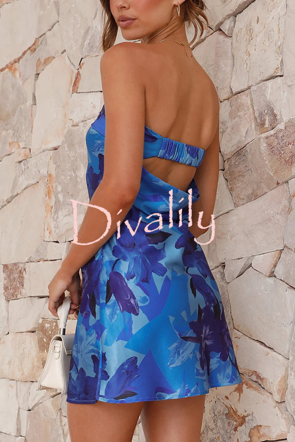 Dreamworld Satin Floral Print Sexy Strapless Backless Mini Dress