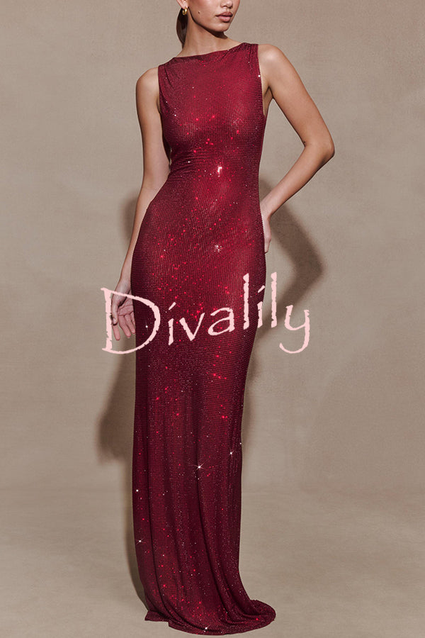Holiday Nights Sequin Boat Neck Sleeveless Slit Maxi Dress