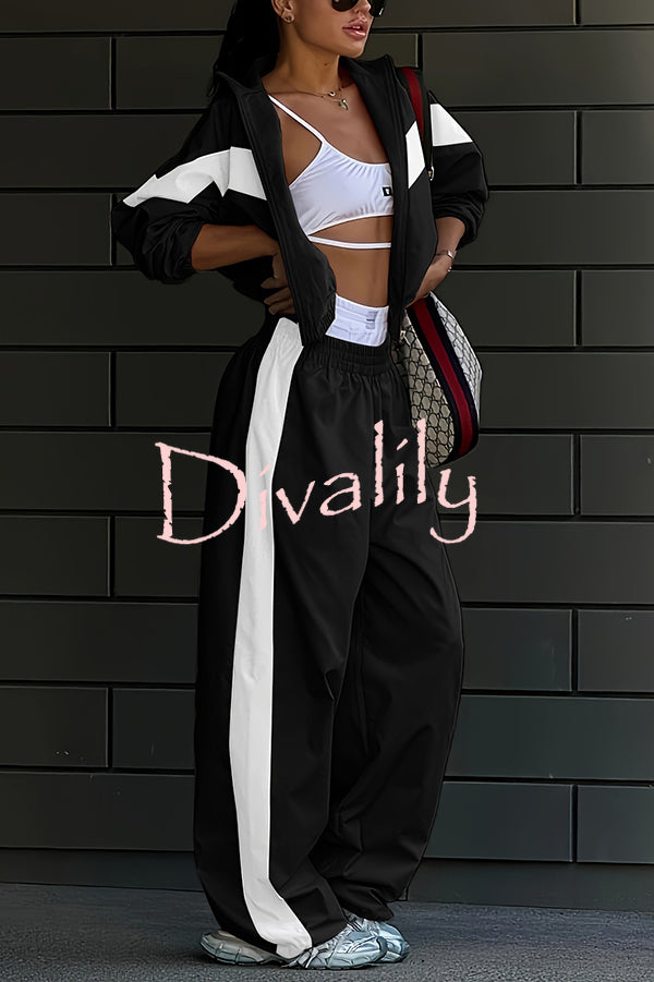 Fashionable Contrasting Long-sleeved Loose Coat and Elastic Waist Wide-leg Pants Set