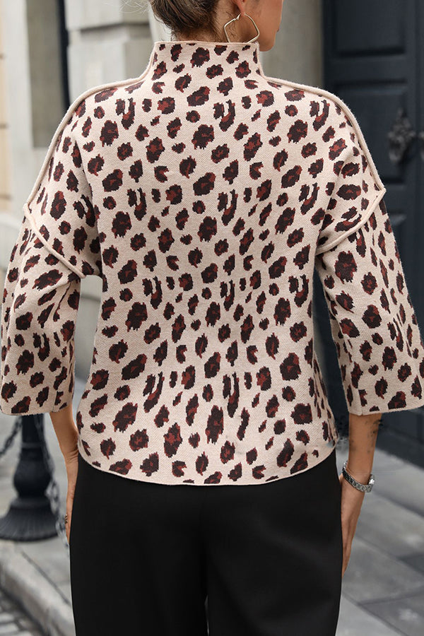 Leopard Print Loose Turtleneck Casual Knitted Sweater