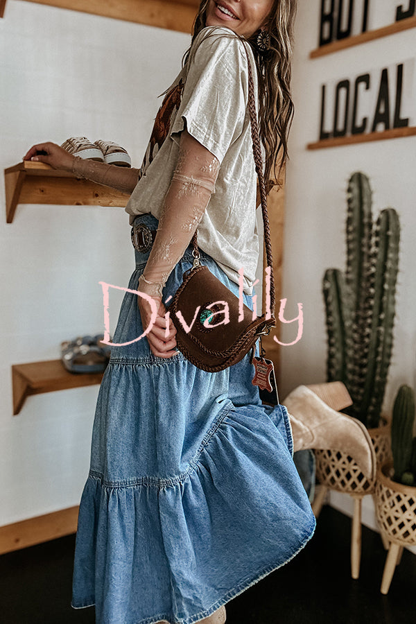 Bohemian High Rise Button Up Loose Denim Pocket Maxi Skirt