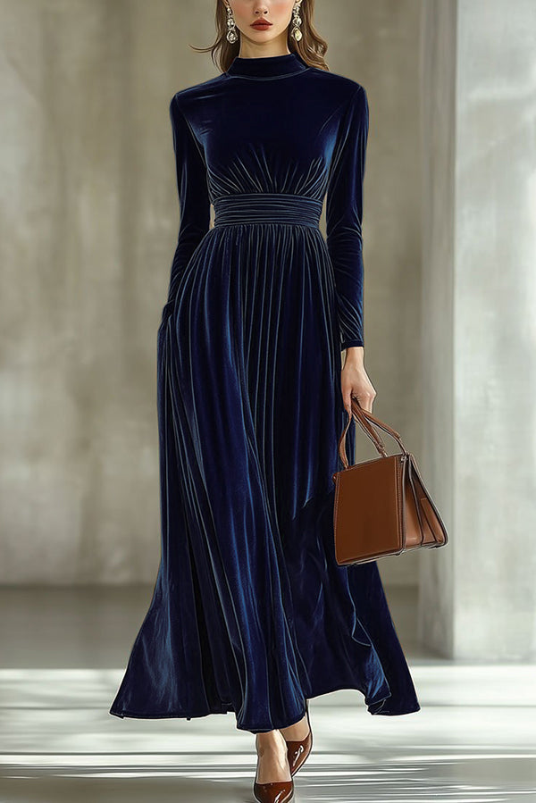 Solid Color Velvet Long-sleeved High-waisted Elegant Maxi Dress