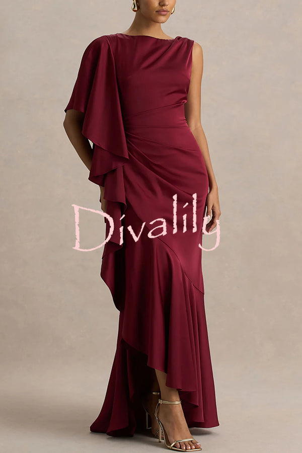 Freya Satin Boat Neck Waterfall Frill Sleeve Drape Maxi Dress