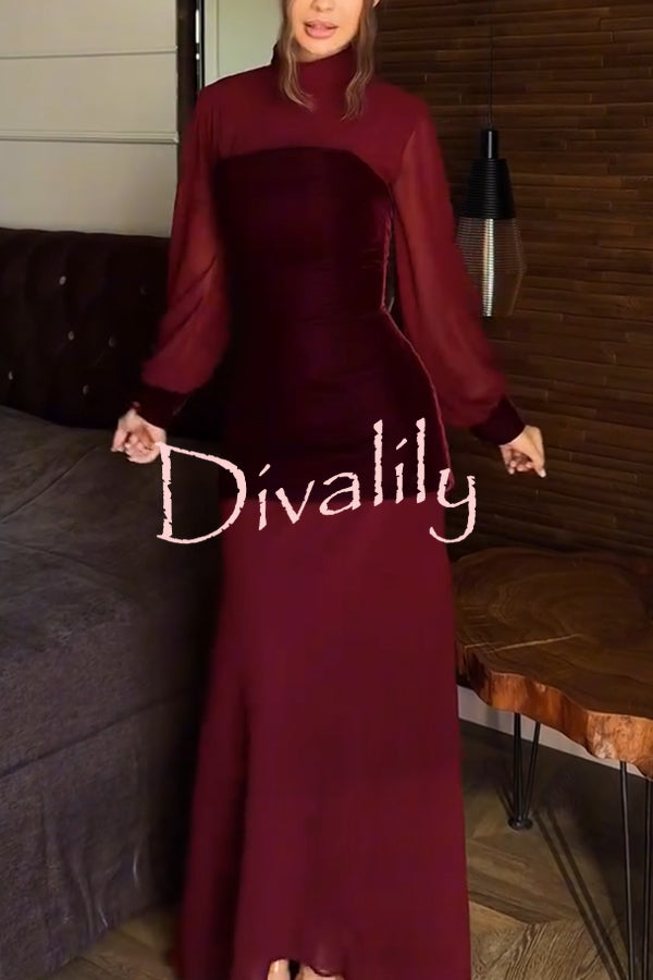 Hildie Chiffon and Two-piece Velvet Lace-up Bra High Neck Long Sleeve Maxi Dress