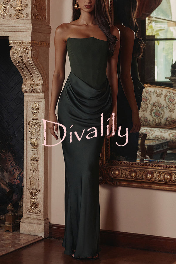 Attend The Gala Strapless Corset Satin Ruched Hip Drape Maxi Dress