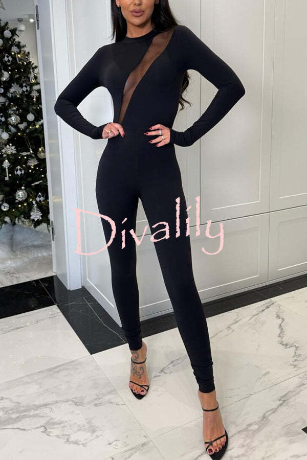 Let Me Dance Mesh Hollow See-through Long Sleeve Stretch Jumpsuit