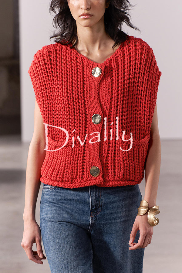 Solid Color Sleeveless Pocket Knitted Vest