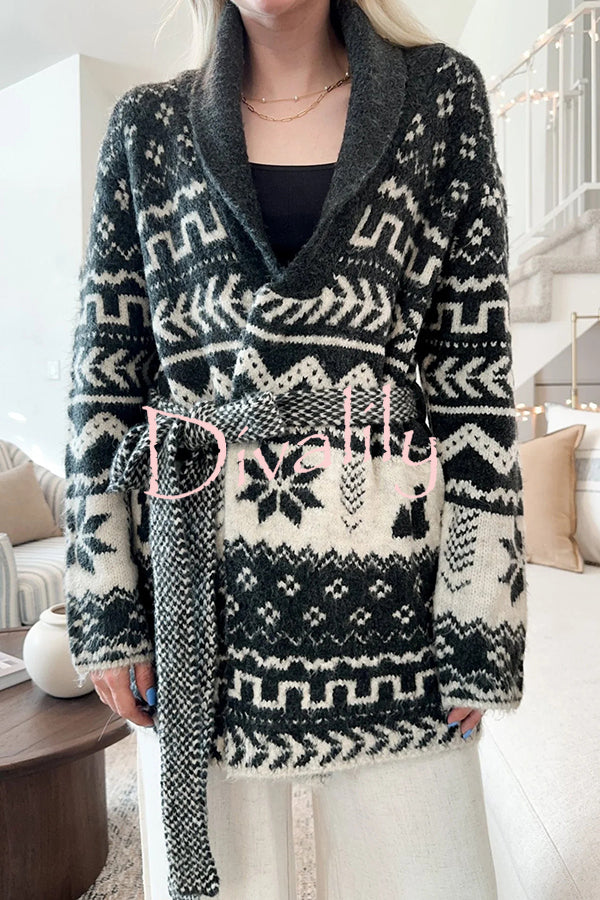 Winter Snowflake Waist Tie Lapel Midi Pocket Knit Cardigan