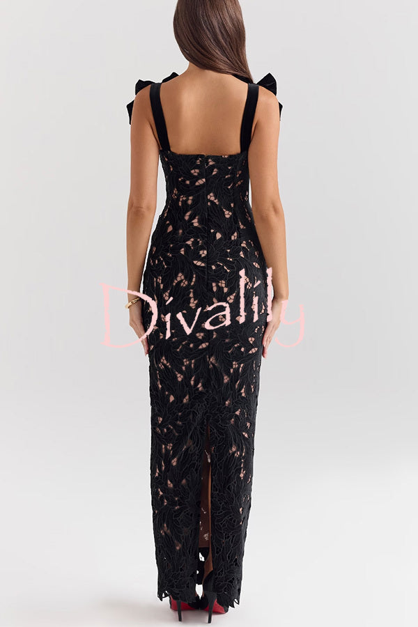 Holiday Intimacy Embroidered Floral Lace Bow Shoulder Straps Slit Maxi Dress