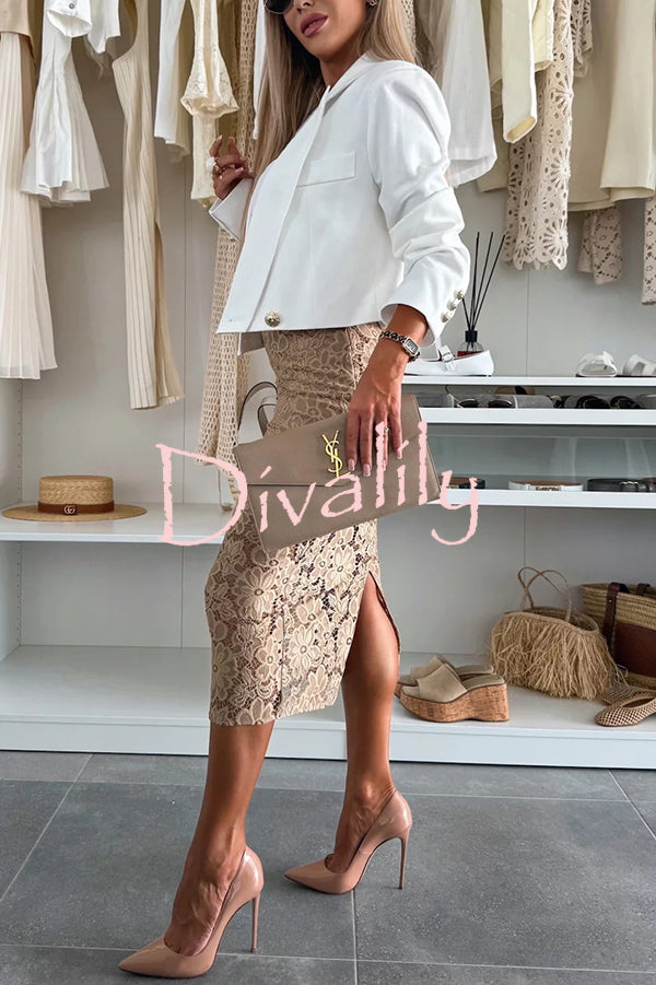 Lesia Floral Lace High Rise Slit Stretch Midi Skirt