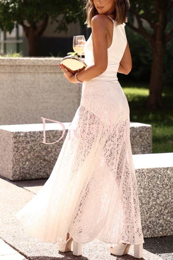 Brighten My Day Floral Lace High Rise Flare Umbrella Maxi Skirt