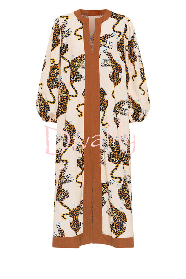 Bradley Linen Blend Color Block Cheetah Print Balloon Sleeve Pocketed Maxi Dress