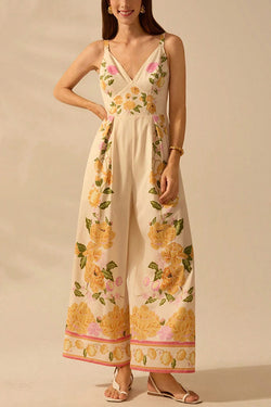 Bohemian Style Plant Print Casual Sling Holiday Loose Jumpsuit