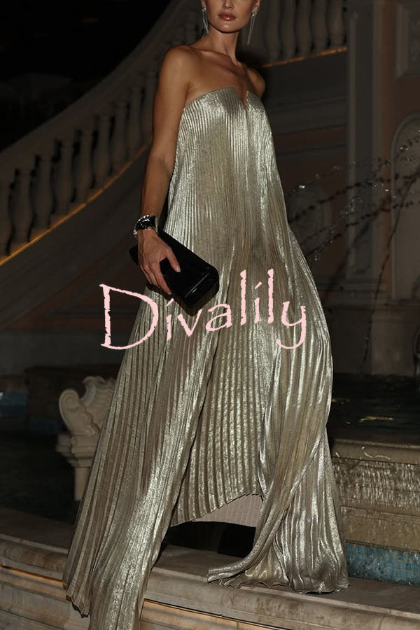 Maya Pleated Metallic Fabric Off Shoulder Asymmetric Hem A-line Maxi Dress