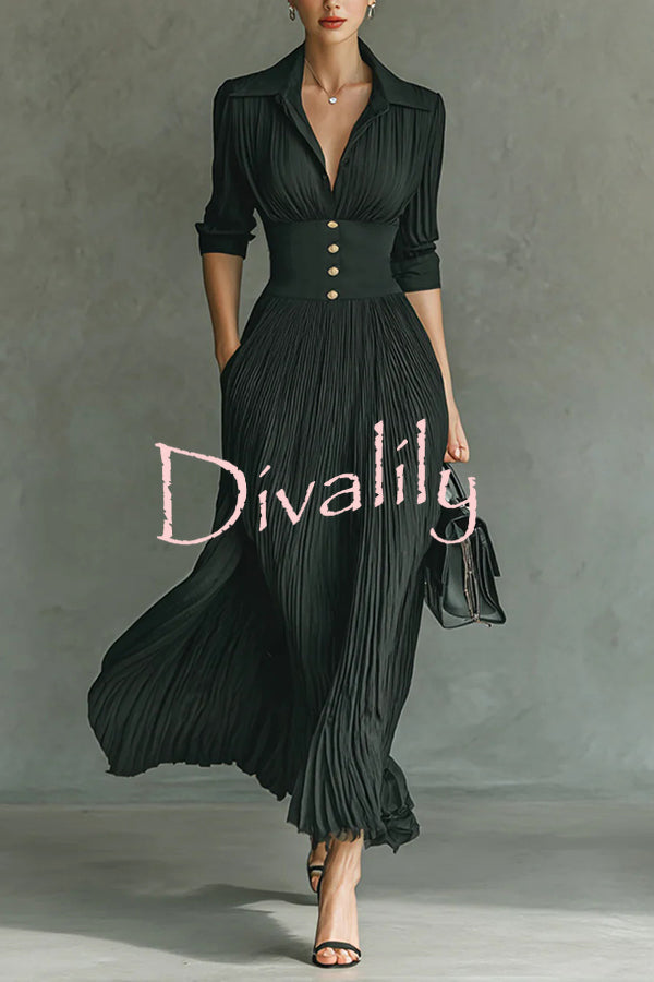 Fashionable Pleated Lapel Waist Button Maxi Dress