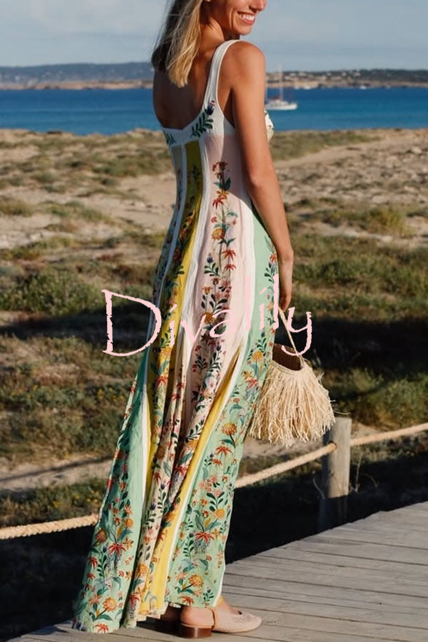 Sweet Garden Linen Blend Color Block Floral Paneled Maxi Dress