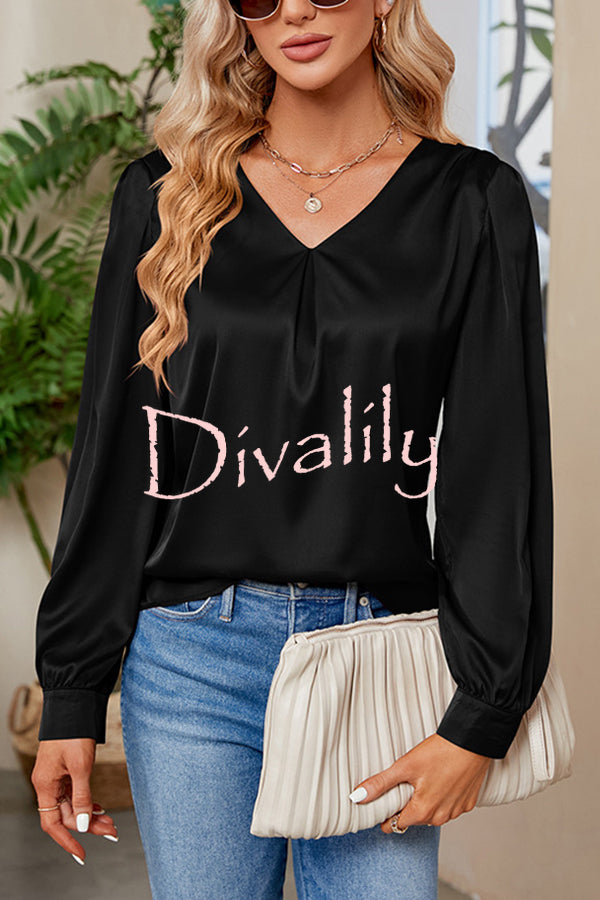 Satin Pleated V-neck Long-sleeved Loose Shirt