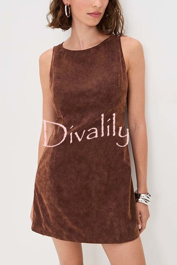 Atlas Faux Suede Open Back Button Accents Zipper Mini Dress