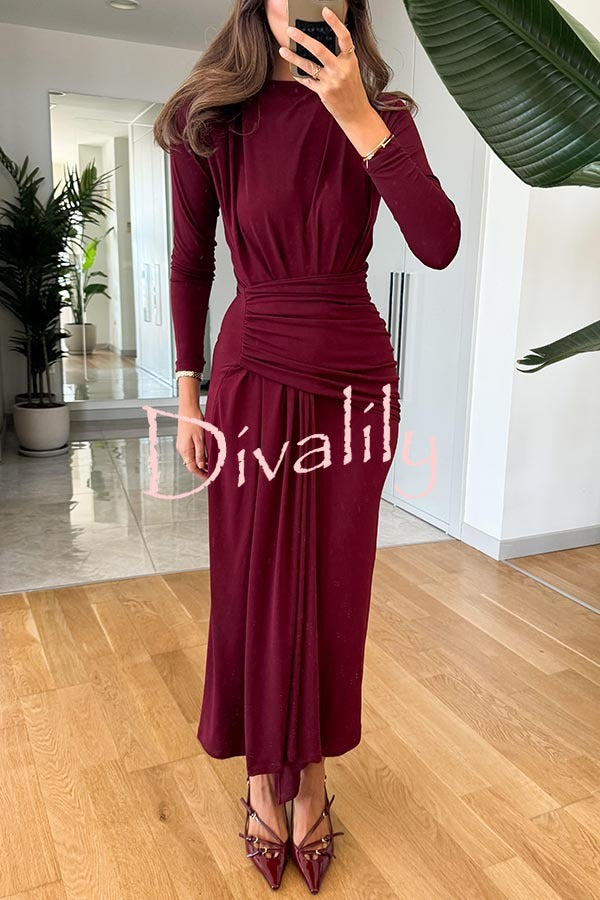 Path To Perfection Ruched Long Sleeve Drape Hem Stretch Maxi Dress