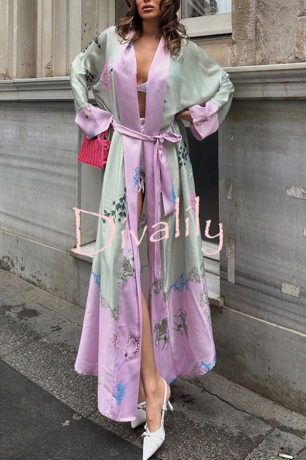 Karty Satin Unique Print Long Sleeve Belt Lapel Kimono Cover-ups