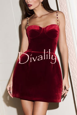 Harley Luxurious Velvet Fabric Jewel-embellished Shoulder Straps Pocket Tulip Mini Dress